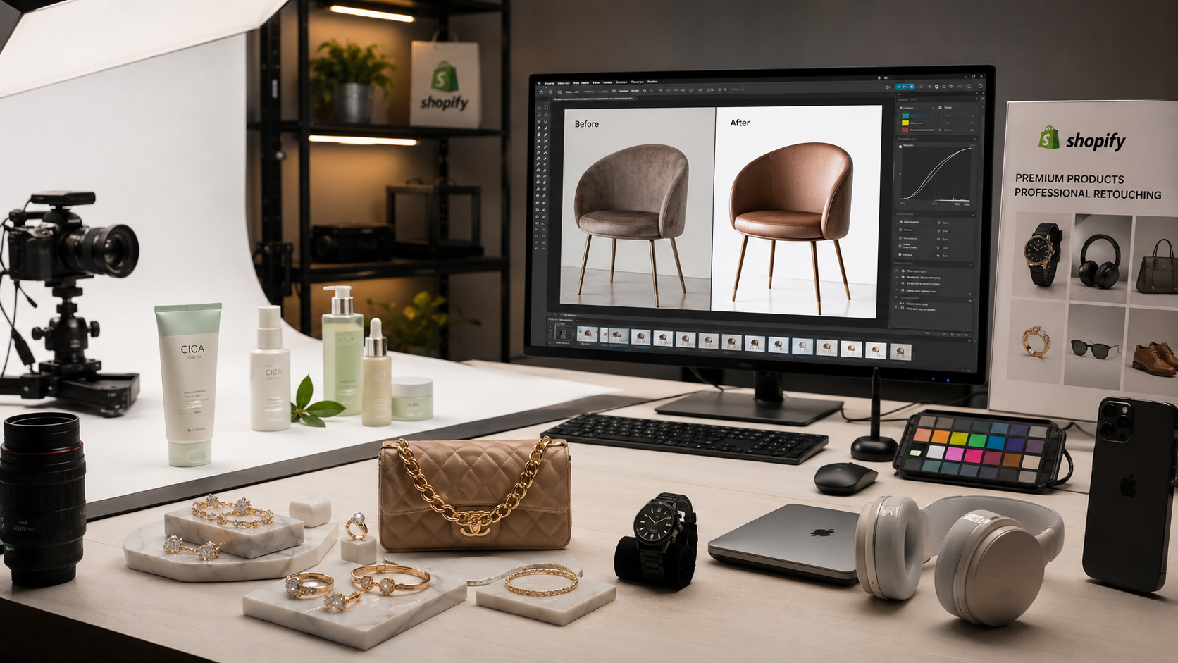 Ecommerce product retouching for Shopify studio workflow with before-and-after editing on monitor - Product Retouching for Shopify