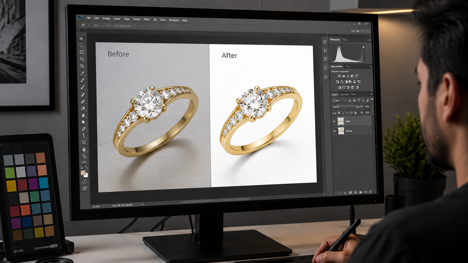Professional jewelry photo retouching showing a before and after edit - AI jewelry photography vs real