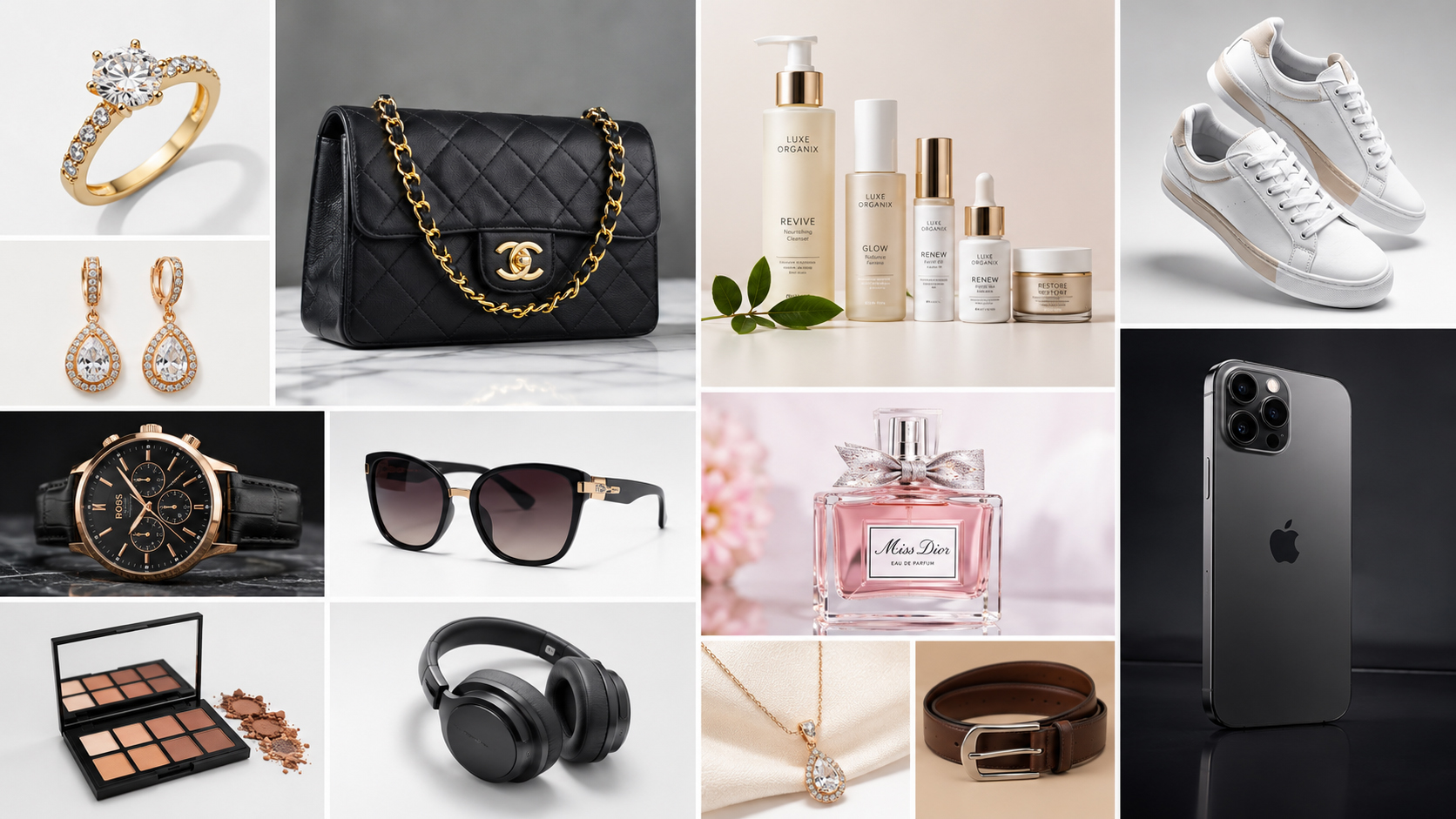 Professional product retouching examples across jewelry, fashion, cosmetics, and electronics for Shopify - Product Retouching for Shopify
