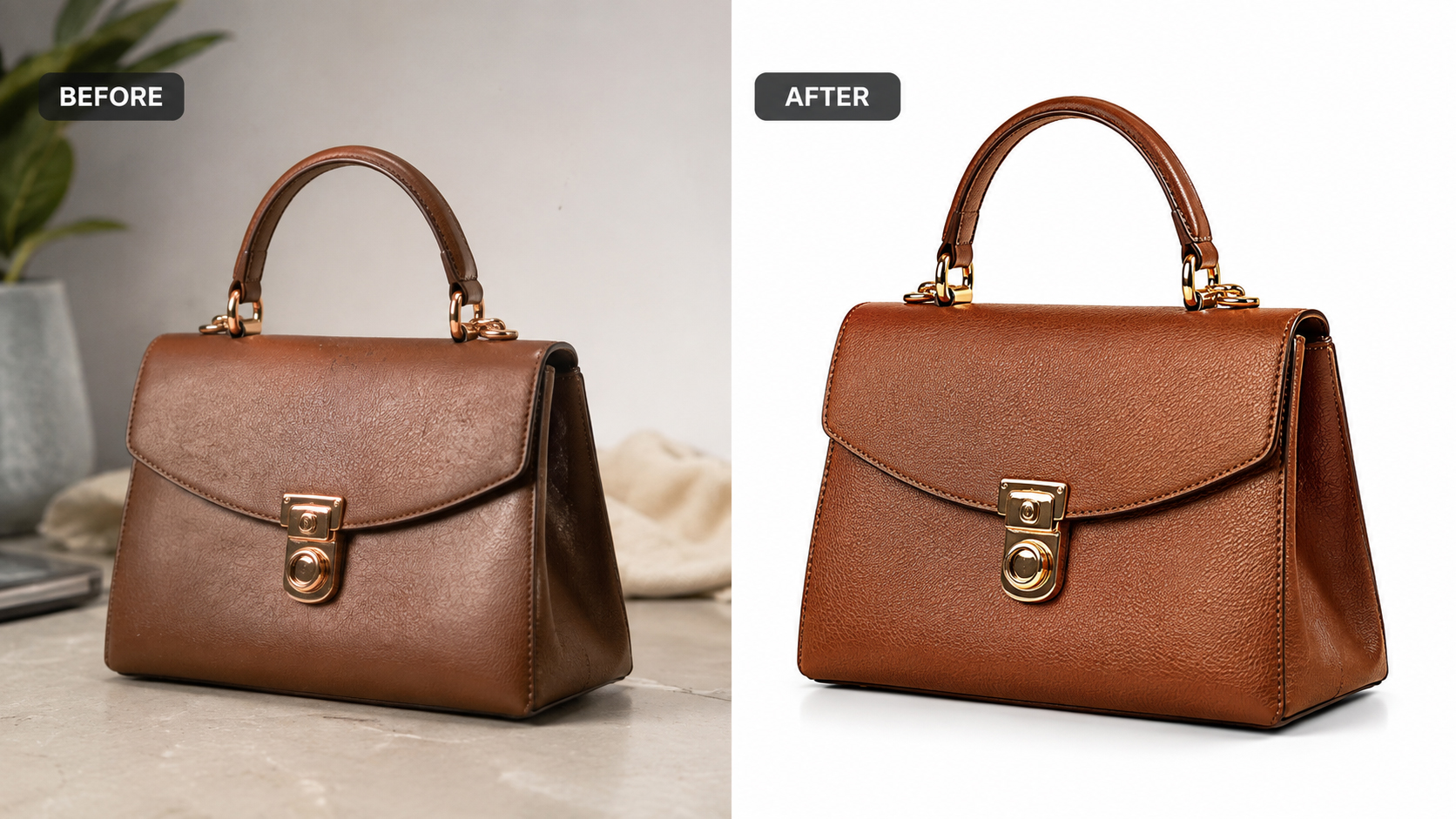 Before and after Shopify product photo editing showing background removal and color correction - Product Retouching for Shopify