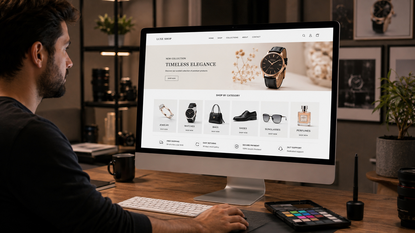 Shopify ecommerce store displaying professionally retouched product images on desktop - Product Retouching for Shopify